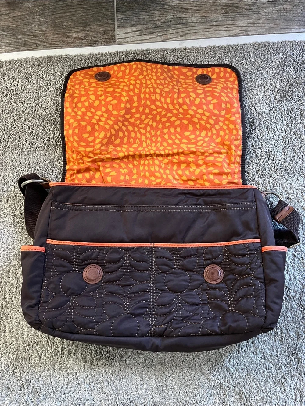Fantastic College Fossil Quilted Brown Laptop Messenger Bag with Orange Trim